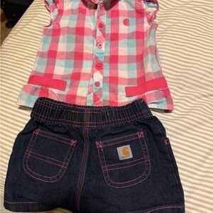 Pink Plaid Shirt and Denim Shorts Set